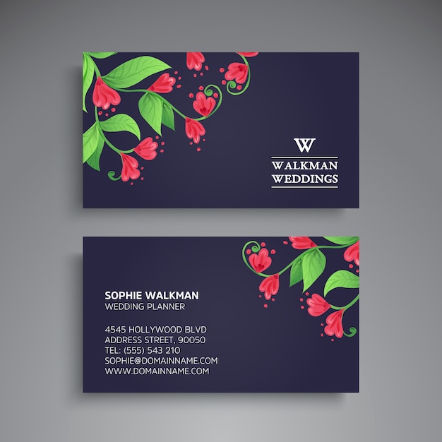 Vector business card with hand drawn floral elements