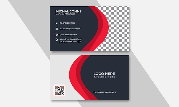 Vector a business card with a red and black design.