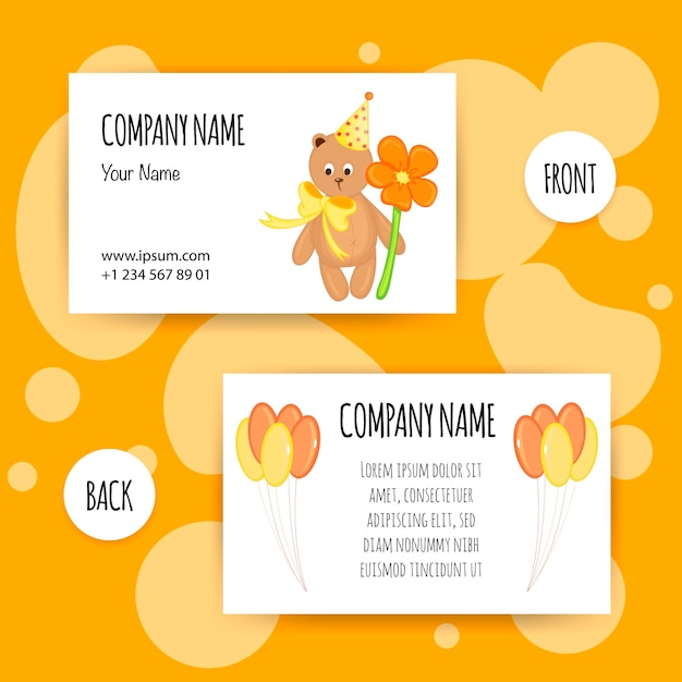 Business card with a toy teddy bear Cartoon style Vector illustration