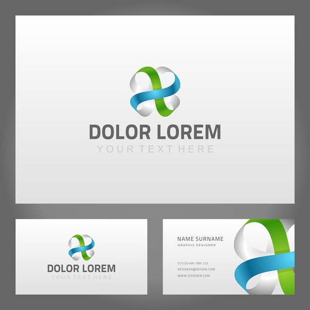 Business card with twisted linear logo vector template green geometric stripe turning into blue with white creative gradient