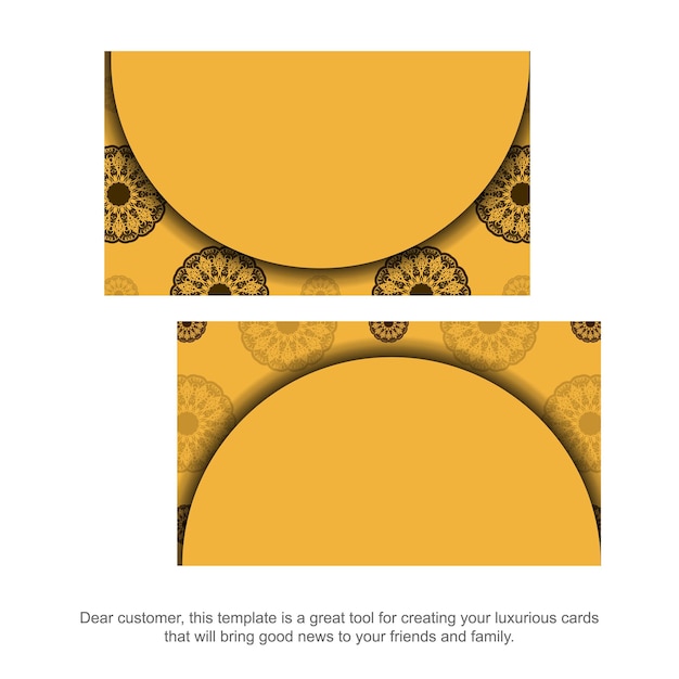 Vector business card in yellow with greek brown pattern for your contacts.