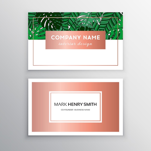 Business cards gold and colorful design tropical leaf vector illustration corporate identity templates in tropical style