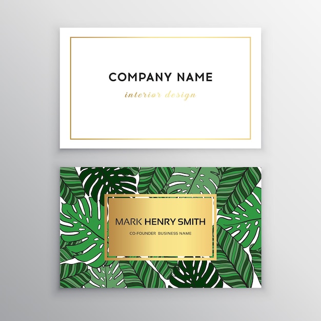 Визитные карточки золотой дизайн тропический лист Векторная иллюстрация Шаблоны фирменного стиля в тропическом стиле