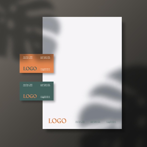 Vector business cards and letterhead background with a monstera palm leaves shadow overlay. realistic vector stationary mockup scene with natural lighting on top.