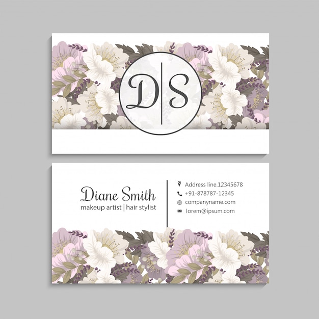 Business cards template pink hand drawn flowers