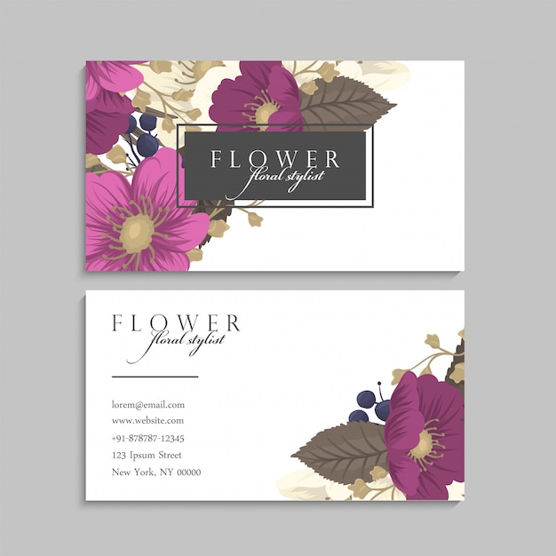 Business cards template pink hand drawn flowers