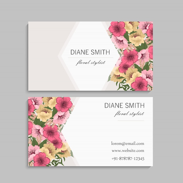 Business cards template pink and yellow flowers