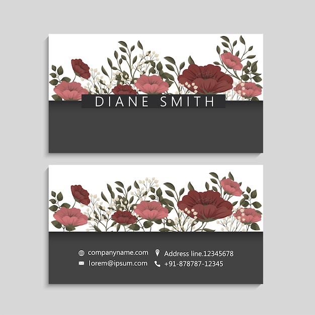 Business cards template red and  flowers