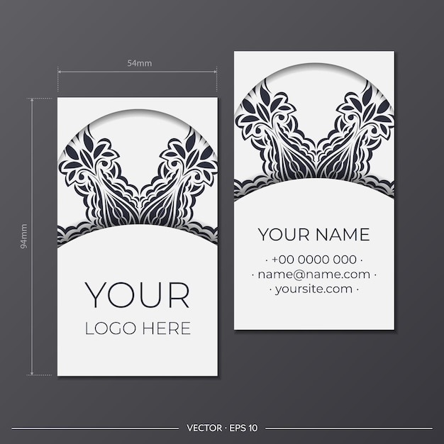 Business cards in white with black luxurious ornaments. Business card design with monogram patterns.