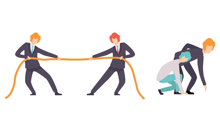 Vector business and career competition with man office worker pulling rope and starting sprint race vector set