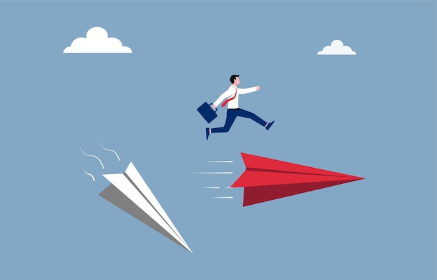 Business and career path concept. Businessman jump over the new paper plane illustration.