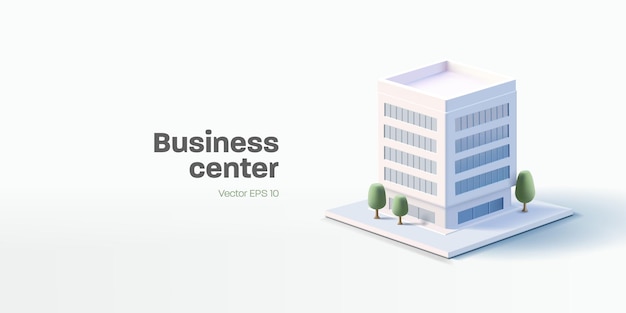 Vector business center gebouw 3d render illustratie met ramen en bomen eenvoudige icoon witte kleuren