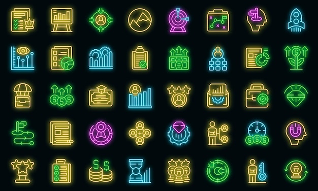 Business center icons set outline vector House architecture vector neon