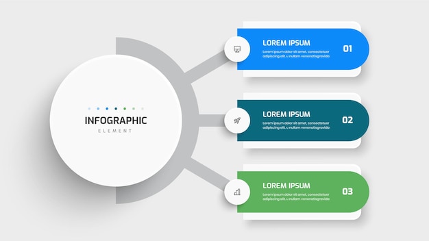 Business central circle infographic-presentatie met 3 rechthoekig labelpictogram voor presentatie