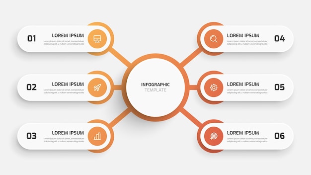 그라디언트 색상 원 레이블 6 옵션 및 아이콘이 있는 비즈니스 중심 원 인포 그래픽 프레젠테이션