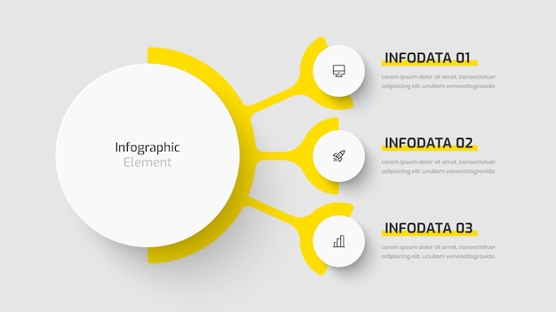 노란색 원 레이블 3 옵션 및 아이콘이 있는 비즈니스 중심 원 인포 그래픽 템플릿