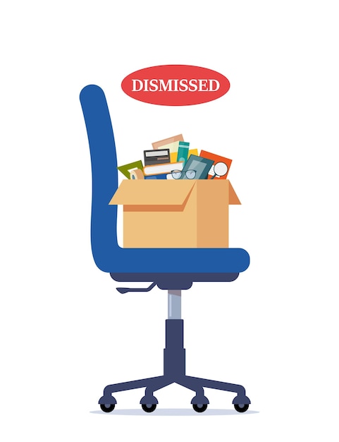 Business chair with box with office things Dismissed Fired from job Vector illustration
