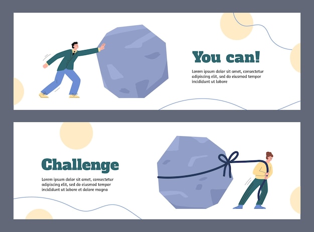 Баннеры бизнес-вызовов с людьми, толкающими камни, плоские векторные иллюстрации