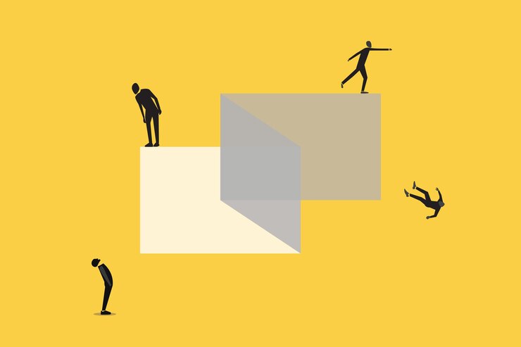 Vector business challenge concept with man on the with the risk and leadership goal or target behind obstacle eps10 vector illustration