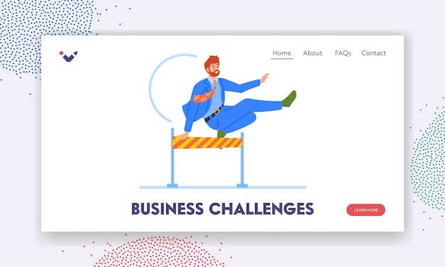 Business Challenges Landing Page Template Fit And Focused Man Races Jumps And Leaps Over Obstacles In His Path