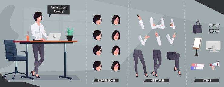 Vector business character set for animation woman working on laptop illustration