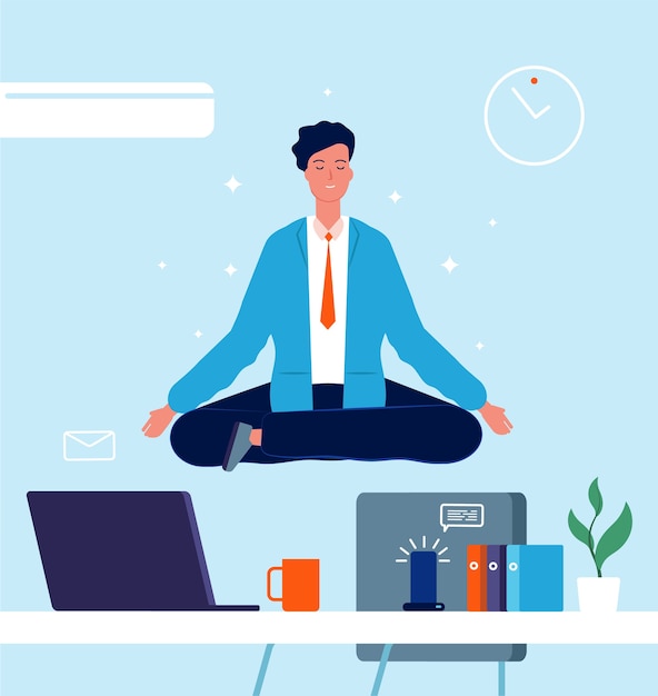 Vector business character yoga. manager sitting on office table in lotus pose stress at work business concept vector pictures. office character lotus, employee worker illustration