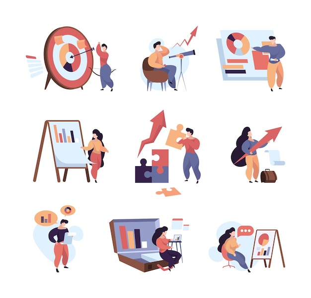 Business characters. Abstract metaphores with business persons dialogues people planning marketing goals making decision solving problems perfect strategy garish vector illustration