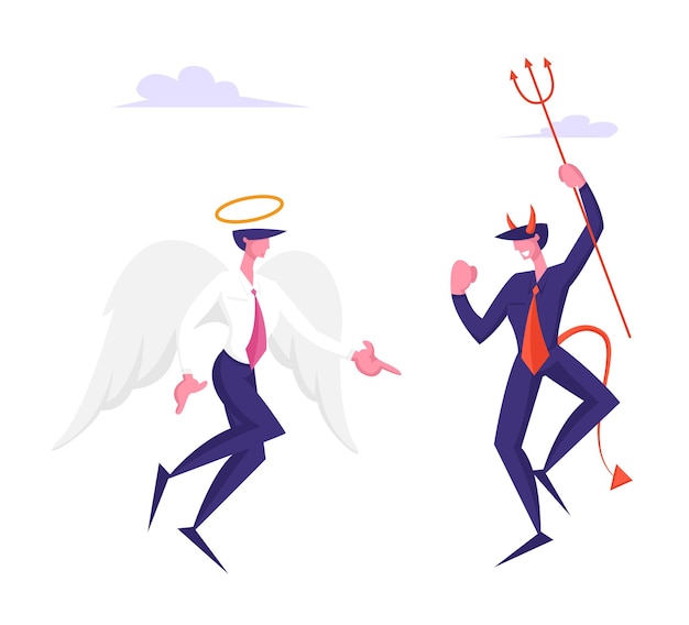 Business Characters Angel and Demon Arguing in Heaven Cheerful Satan with Horns Holding Pitchfork