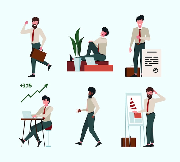 Business characters Corporate scenes with business people and managers talking meeting office persons garish vector flat illustrations