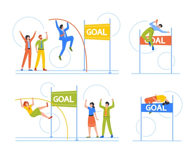 Vector business characters jumping over the hurdle with pole in hands business man or woman fight for leadership