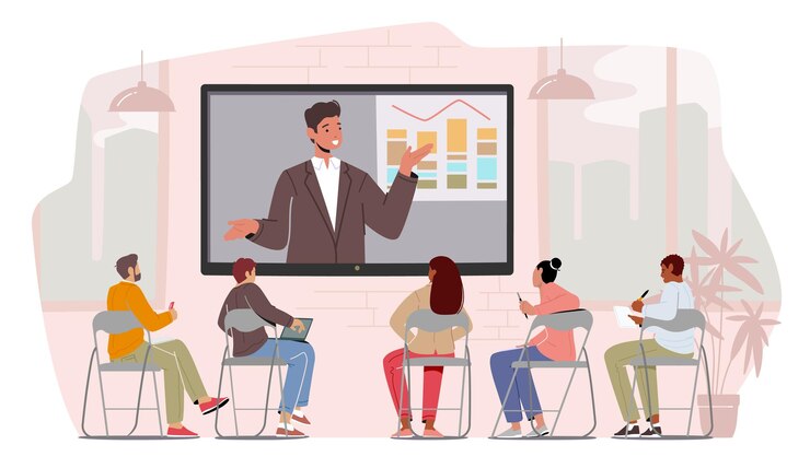Vector business characters listen speaker at virtual conference tutor perform data on monitor in office remote online meeting