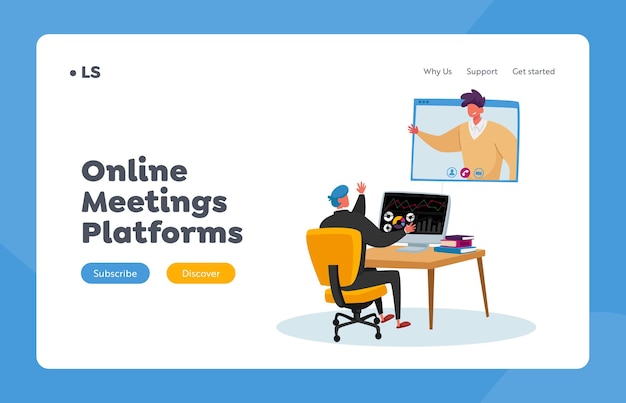 Business characters online meeting landing page template. office worker sit at desk chatting with coworker via webcam on computer screen