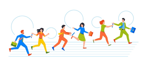 Business characters participate in relay race passing baton from one to another in a race for the finish line