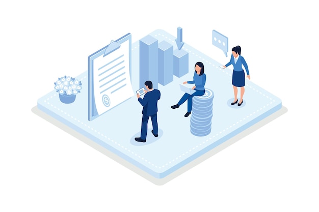 Business characters purchasing bonds or stock on capital market. Financial and stock trading concept