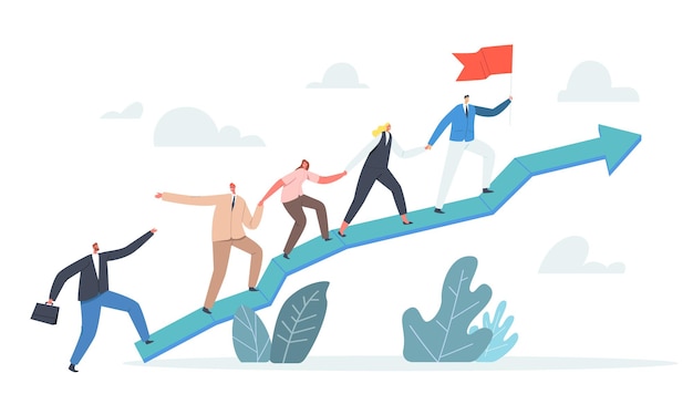 Business Characters Team Climbing at Huge Growing Arrow Graph. Leader Stand on Top with Hoisted Flag, Business People Teamwork and Leadership, Investment Growth Concept. Cartoon Vector Illustration