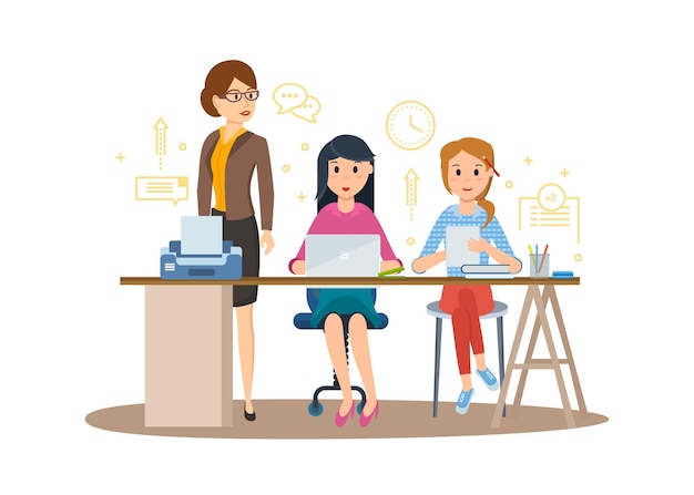 Business characters working in office business woman entrepreneur with colleagues