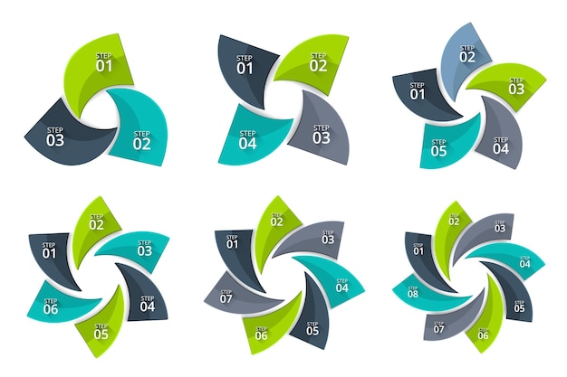 Vettore set di infografiche per grafici aziendali con 3 4 5 6 7 e 8 opzioni