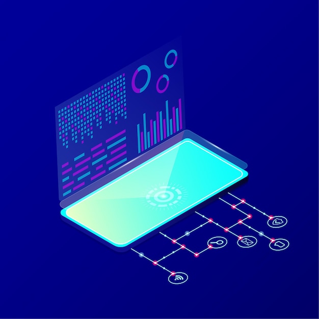 Business charts and analytics data on isometric mobile phone financial technology concept