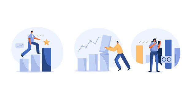 Grafici aziendali e database di ricerca xabusiness crescita società finanziaria previsione del profitto concetto di persona minuscola gruppo di caratteri di business people e sfondo del grafico a barre