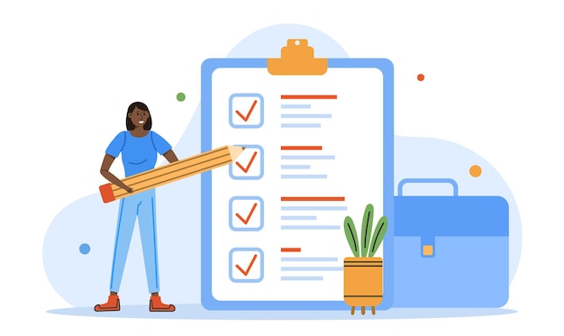 Бизнес контрольный список женщина с карандашом Сделать список концепция Визуализация рабочего процесса Концепция векторной иллюстрации