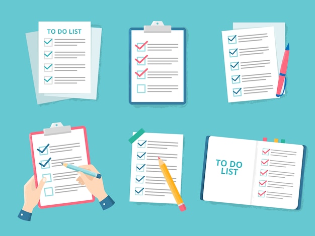 Business checklist. priority list checks, check mark list and checking paper to do checklists flat  illustration set