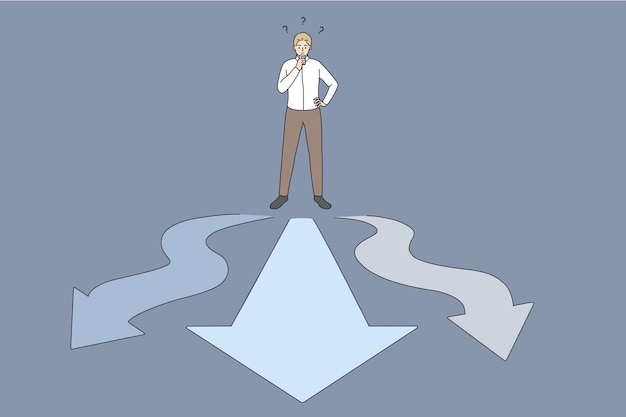 Vector business choice and opportunities concept. young businessman worker standing on crossroads with ways on different sides feeling doubt frustrated which way to choose vector illustration