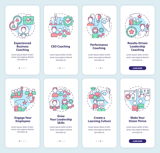 Business coaching programs onboarding mobile app screen set