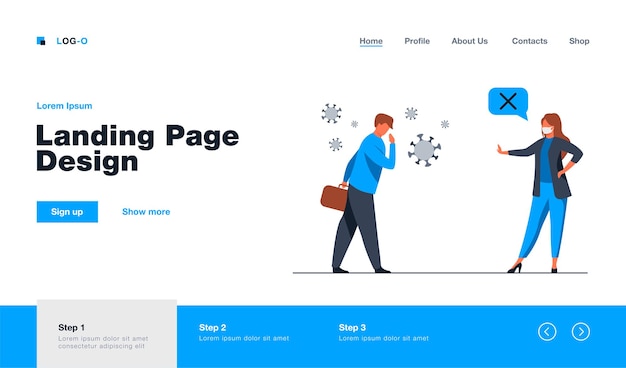 Коллеги по бизнесу сохраняют социальную дистанцию. Зараженный Covid человек, встречающийся в маске. Плоский рисунок. Коронавирус, дизайн веб-сайта с концепцией эпидемии или целевая веб-страница