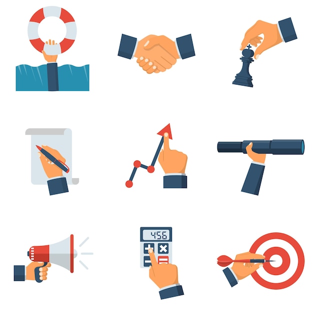 Business collection icon Helping concept handshake men strategy development signature document increasing graphics vision management costing goal achievement Vector illustration flat design