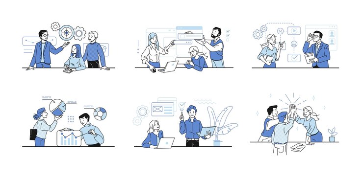 Vector ビジネス コミュニケーション 漫画の人々 はオフィスで働く チームワークまたはリーダーシップの概念 従業員は、効果的な組織のワークフローを分析します。
