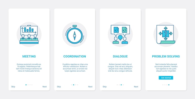 Business communication meeting conference ux ui onboarding mobile app page screen set