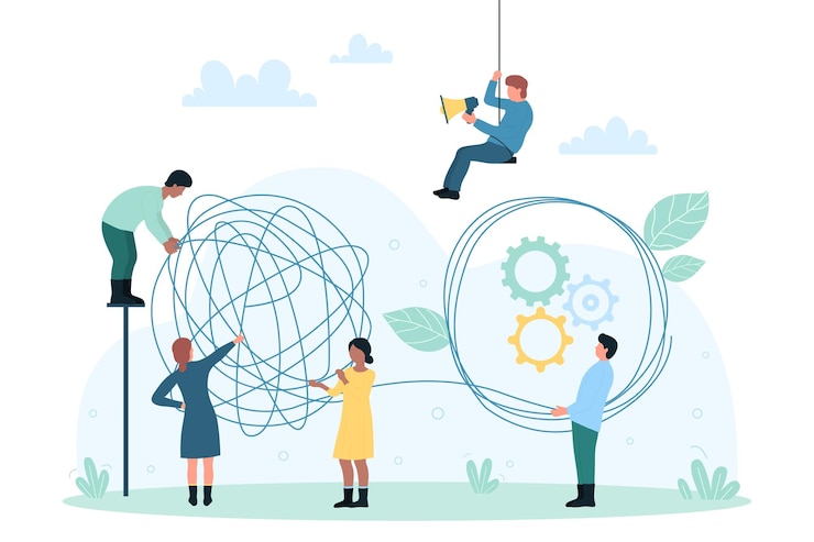 Vector business communication rational thinking in problem solving tiny people untangle chaos