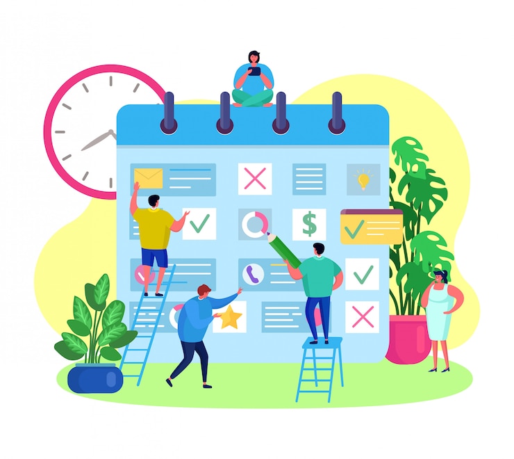 Vector business company team planning events, meeting in large calendar,   illustration. scheduling work in people group by reminder
