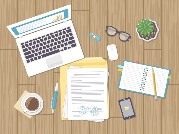 Vector business concept, agreement, strategy, analysis, audit. workplace, contract signing. documents, laptop, notebook, glasses, envelope, phone, pot.  illustration.